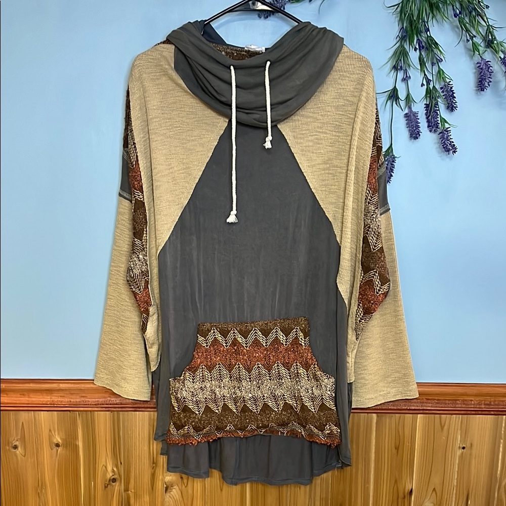 POL Hooded Cowl Neck with Chevron Pattern